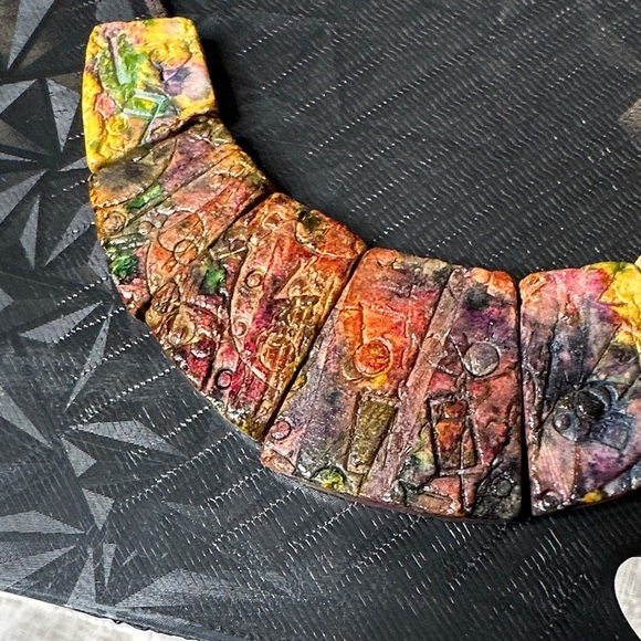 Artisan Handcrafted Multicolor Mosaic Tile Inspired Tribal Sculpted Necklace EUC - Picture 6 of 16